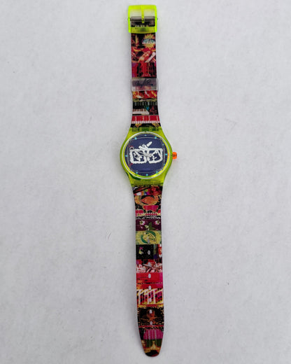 Colorful watch with a patterned strap on a light gray background